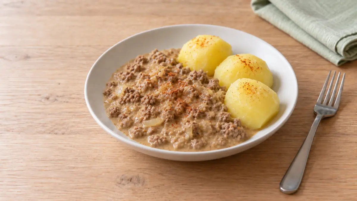 KI-generiertes Symbolbild: Beamtenstippe mit Salzkartoffeln auf einem weißen tiefen Teller