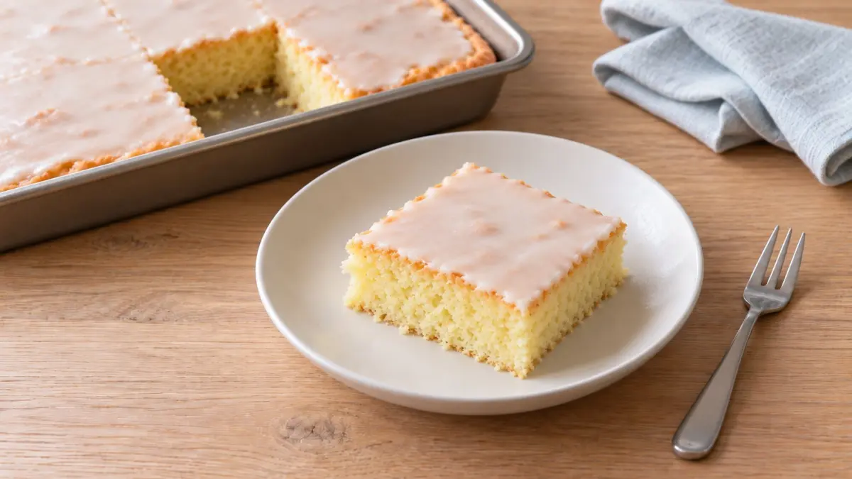 KI-generiertes Symbolbild: Brausekuchen mit Zuckerguss auf dem Blech, ein Stück davor