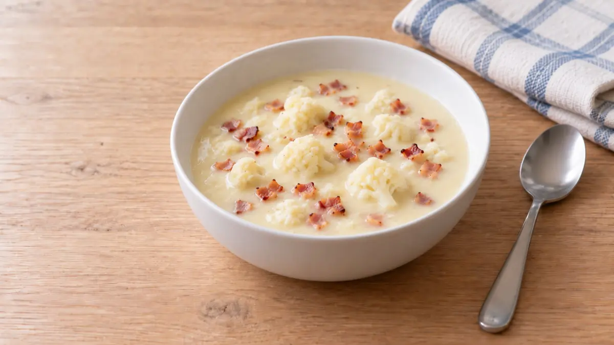 KI-generiertes Symbolbild: Blumenkohlsuppe mit Speckwürfeln in einer Schale