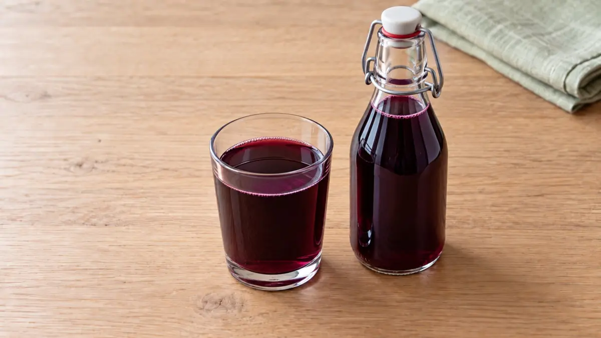 KI-generiertes Symbolbild: Heidelbeersaft in einem Glas und einer Bügelflasche