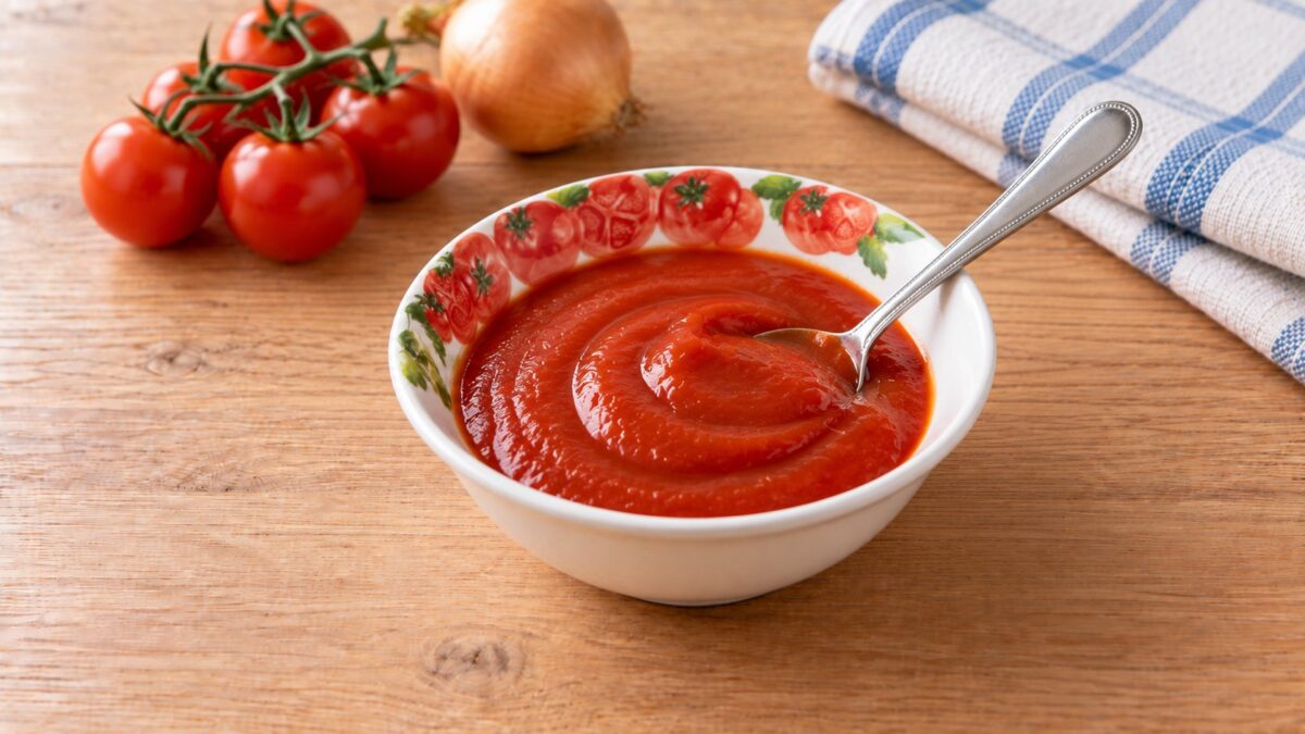KI-generiertes Symbolbild: selbst gemachter Ketchup in einer kleinen weißen Tomatenschale