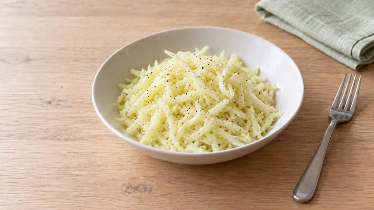 KI-generiertes Symbolbild: Kohlrabisalat, fein geraspelt, in einer weißen Schale
