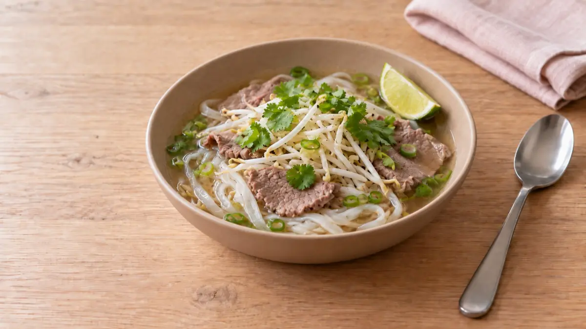KI-generiertes Symbolbild: Pho Bo mit Reisnudeln, Rindfleisch, Sprossen und Koriander
