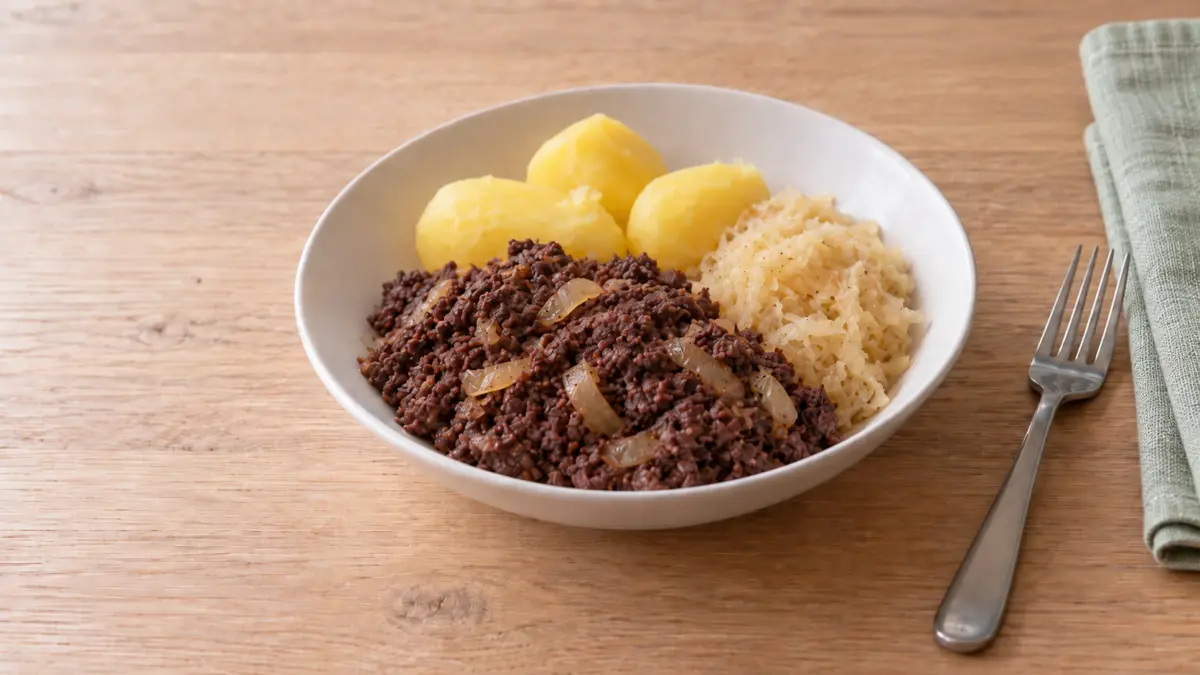 KI-generiertes Symbolbild: Tote Oma mit Salzkartoffeln und Sauerkraut